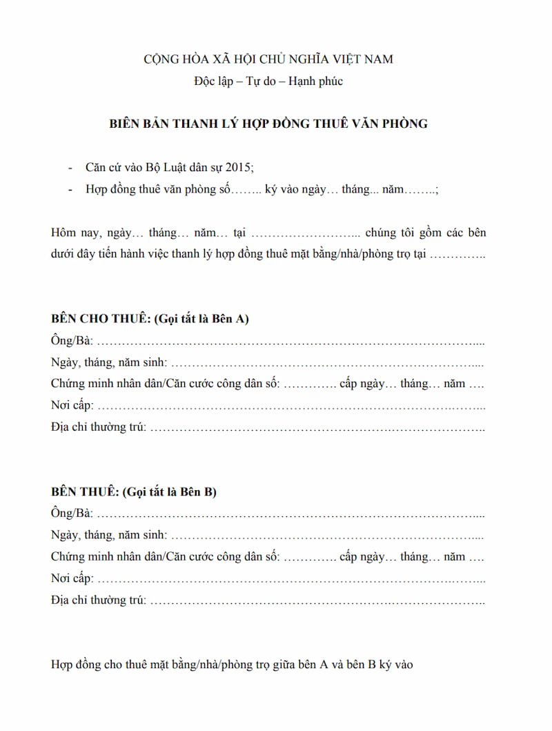bản thanh lý hợp đồng thuê văn phòng